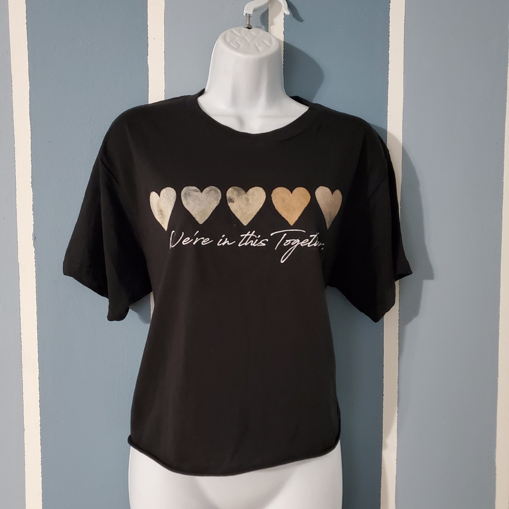 Social Couture Cropped Black Heart Graphic Tee, Size MED